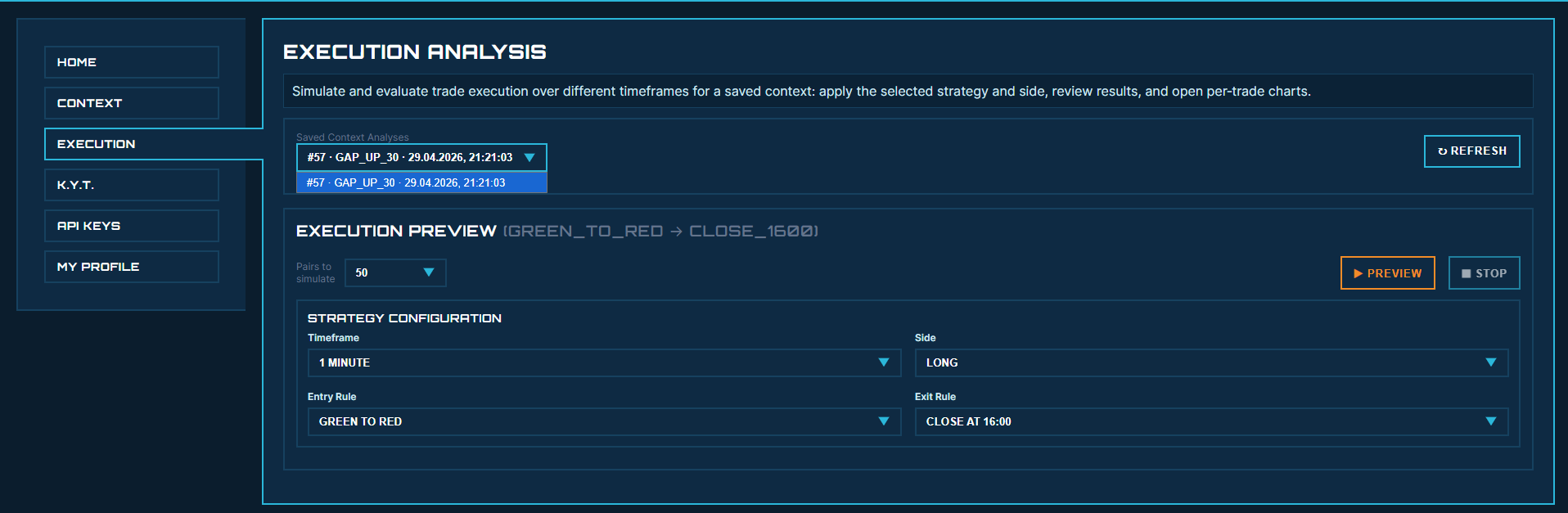 saved context, pairs, timeframe, and side controls.
